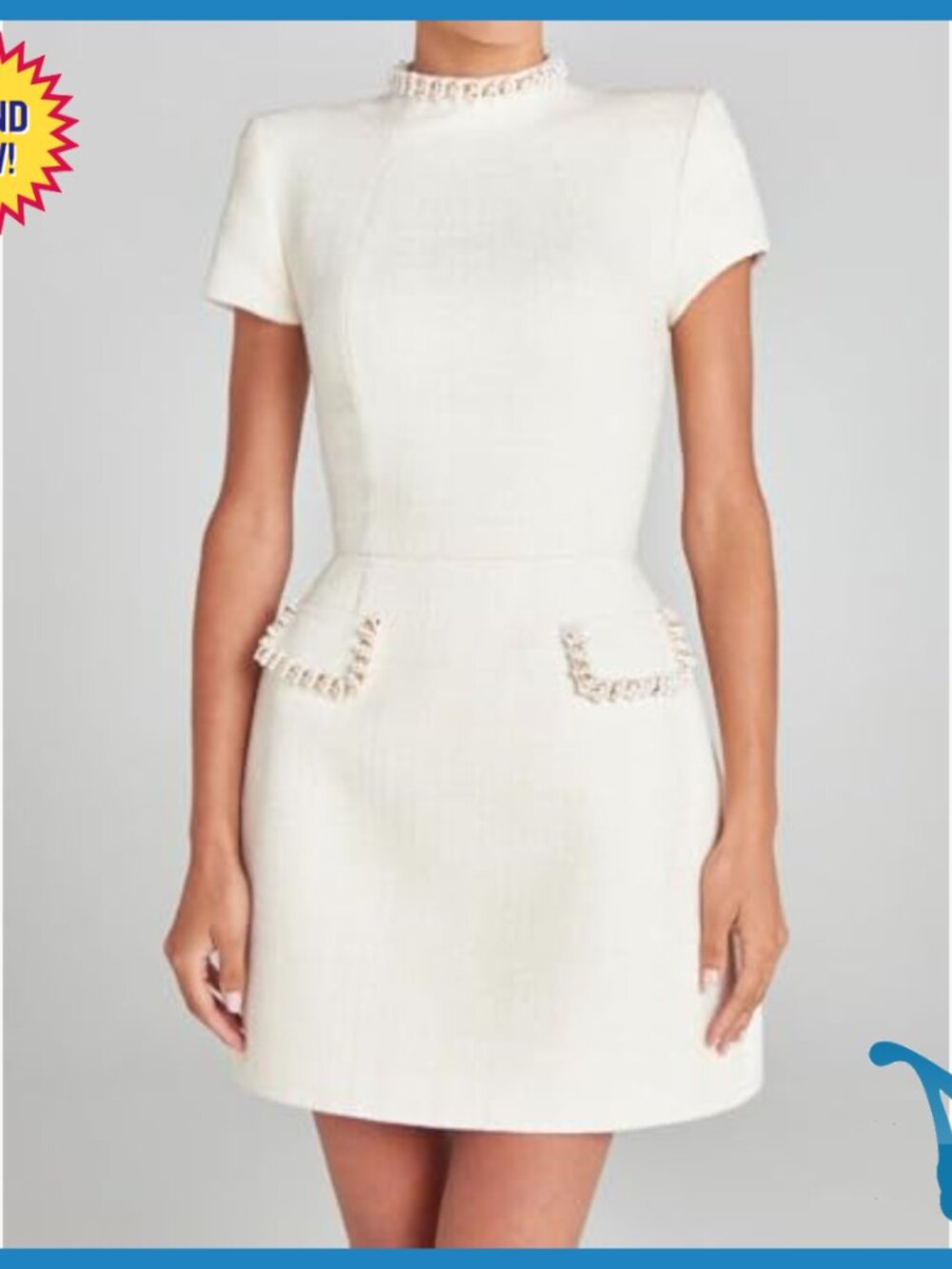 Short Sleeve High Neck Tweed Mini Dress with Pearls Bodycon Party Wear - Picture 2 of 7